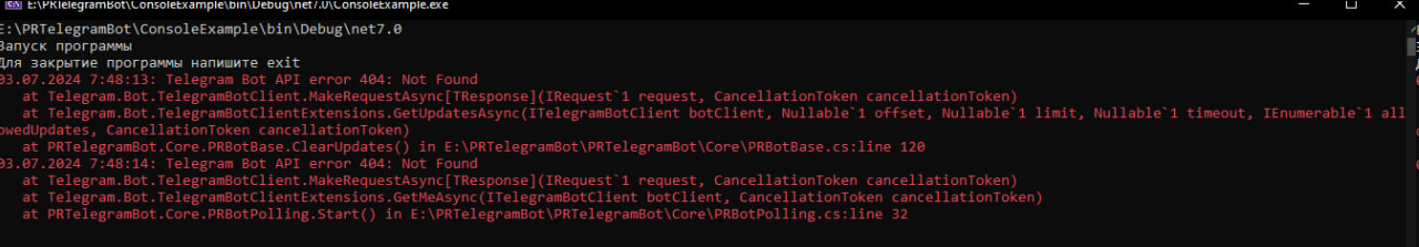 An ApiRequestException with 404 Not Found shown in the debugger